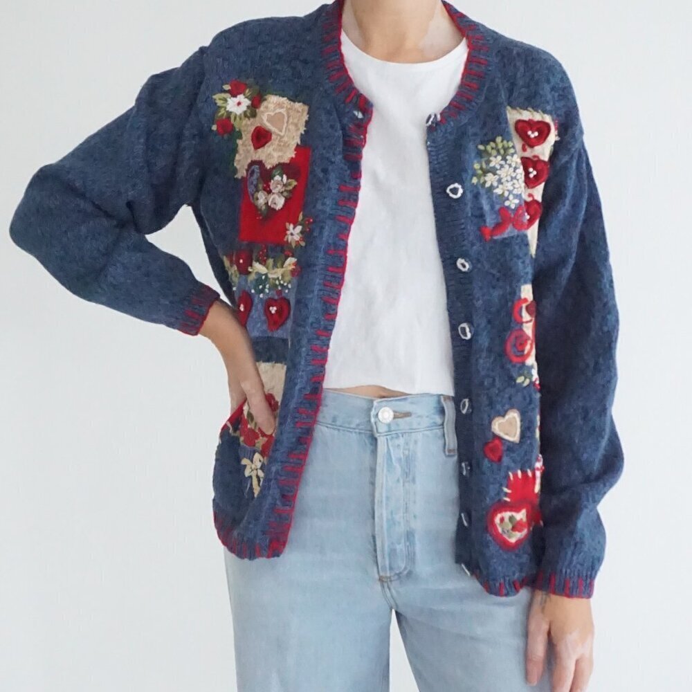 Vintage Heirloom Collectibles Blue Heart Floral Patchwork Love Cardigan M